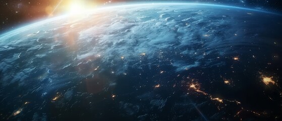 Wall Mural - A beautiful blue and white planet with a bright sun in the background