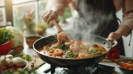 Poster - A woman cooking Tom Yum Goong soup in a modern kitchen, stirring a pot filled with shrimp, mushrooms, and herbs in spicy broth, with steam rising and aromas filling the air.