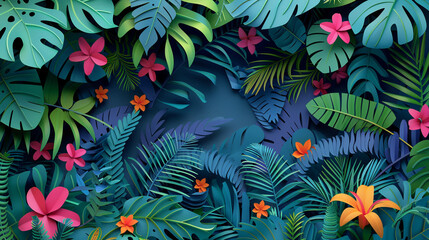Wall Mural - Tropical jungle theme wallpaper with related images in layered paper cut style.