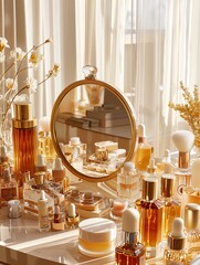 Poster - A golden vanity table with a mirror and a collection of cosmetics, bathed in warm, natural light. Generative AI