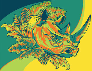 Wall Mural - vector illustration of rhinoceros head with leaves