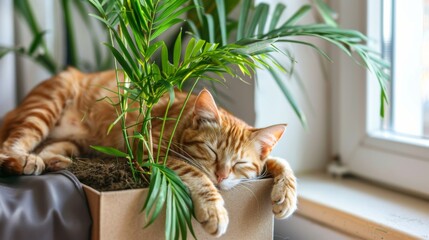 Aufkleber - Cat comfortably napping in a box next to a potted plant, creating a serene and natural scene, in a bright and airy room.