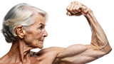 A muscular old woman with her strong arm, showcasing her biceps