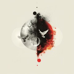 Wall Mural - Holy flames, Holy Spirit. Flying winged dove on a circle. Smoky, ethereal background with flames. Abstract minimalistic watercolor illustration.