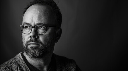 man in black and white, with a thoughtful expression under dramatic lighting