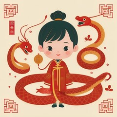 Wall Mural - illustration of a child dressed in Chinese with a Chinese zodiac snake ornament