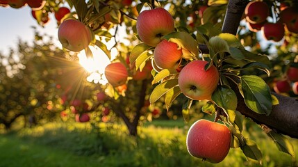 Photograph of a sun-drenched orchard scene, showcasing rows of gnarled apple trees laden with vibrant red, green, and yellow fruits.