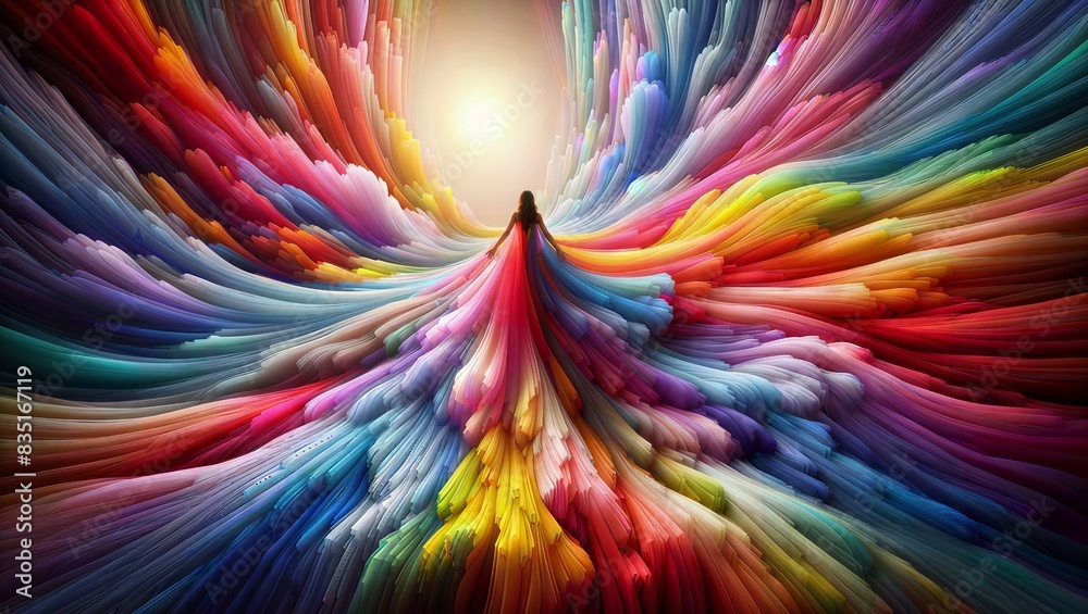 Figure standing amidst a vibrant spectrum of colors, facing a bright ...