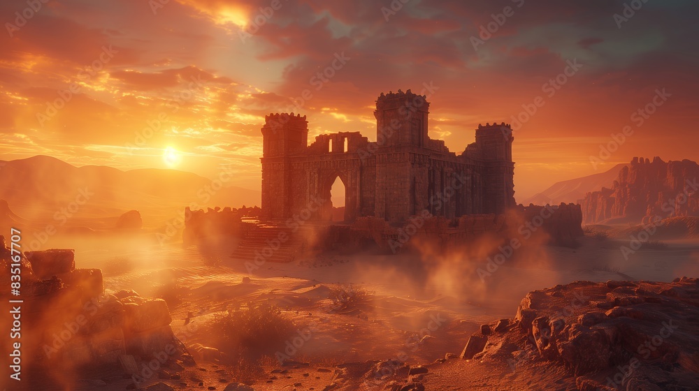 The majestic ruins of an ancient fortress bathed in the warm, golden ...