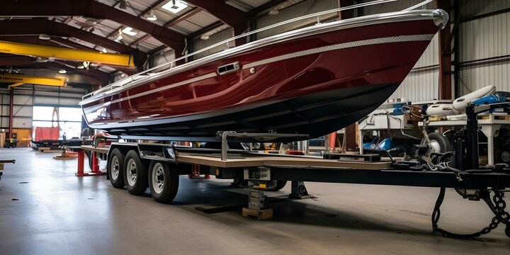 Motorboat trailer undergoing maintenance in boat hangar for leisurely fishing or recreation. Concept Boat Hangar Maintenance, Motorboat Trailer, Leisurely Fishing, Recreation, Watercraft Care