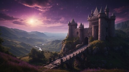 Beautiful castle against the background of unusual purple sky