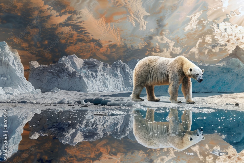 Polar bear standing on melting ice with dramatic sky reflection ...