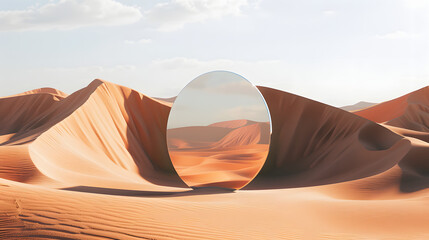 Mirror plane in the middle of sahara arabia sunny desert like a dream illusion portal or tourism travel mockup as wide commercial banner design with copy space isolated on white background, realistic,