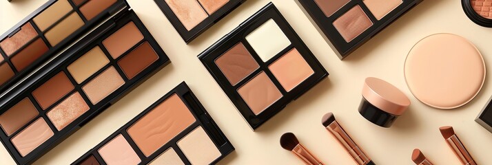Aufkleber - A flat lay image showcasing various makeup palettes and highlighters on a light background. Generative AI