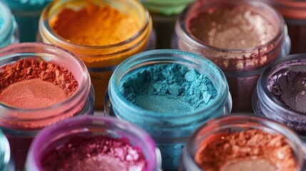Poster - A close-up shot of colorful makeup pigments and powders in small glass jars. Generative AI