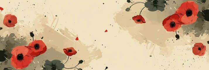 Muted khaki and beige abstract background with poppy patterns, military symbols, and solemn elements