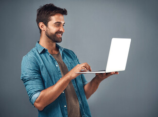 Poster - Happy, businessman and laptop for video call or virtual interview for connection isolated in studio. Smile, male person or employee and computer for networking in online meeting or conference