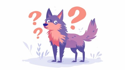 cartoon modern illustration of a penitent wolf on a white background with question marks. a wildlife