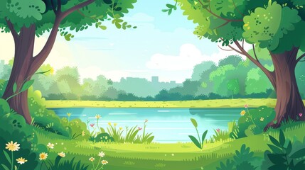 Wall Mural - An early morning scene of a landscape by the river with grass fields and forests in the morning, a modern banner backdrop with a summer time theme, a green park with grass and flower blooming, a