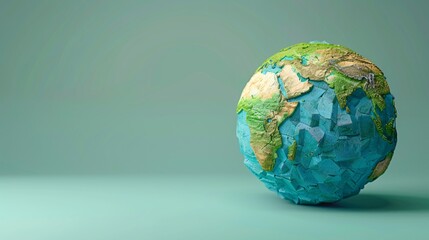 Creative world globe artwork made with textured elements, showcasing Earth's geography on an artistic green background. 3D Illustration.