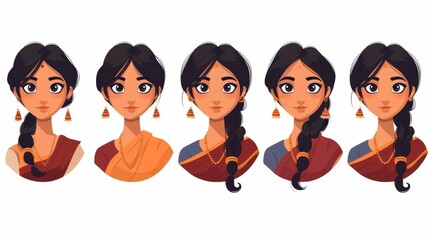 Wall Mural - Animated avatar set of an Indian woman wearing a sari. Modern cartoon avatar of a young woman dressed traditionally in India.