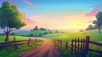 Wall Mural - Modern cartoon panorama of summer scene of countryside, farmlands with green trees and agricultural fields at sunrise.