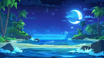 Wall Mural - Modern cartoon background of dark skies and palm trees on a tropical island with sand beach and ocean waves at night.