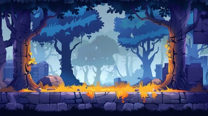 Canvas Print - Animated cartoon background for game 2D platformer. Forest with magic world.