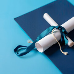 Graduationshut und zeugnis vor blauen hintergrund isolated on white background, detailed, png
