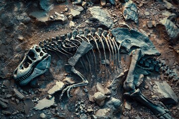 Wall Mural - Close-up of a dinosaur fossil embedded in rock. Macro shot of ancient skeletal remains. Design for poster, print, wallpaper, banner. Generative AI