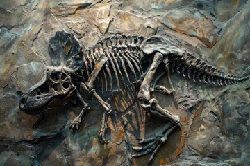 Wall Mural - Close-up of a Triceratops skeleton fossil embedded in rock. Macro shot of ancient remains with detailed texture. Design for poster, print, wallpaper, banner. Generative AI