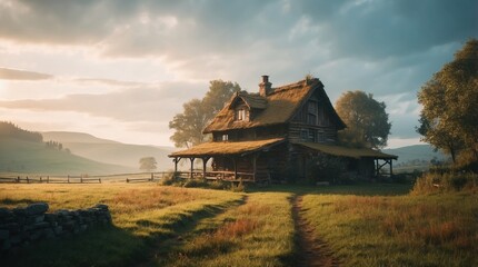 Wall Mural - Beautiful agricultural landscape with farmer