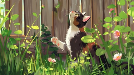 Poster - Chubby cat exploring a backyard, sniffing flowers and enjoying the outdoors, with green grass and a wooden fence in the background.
