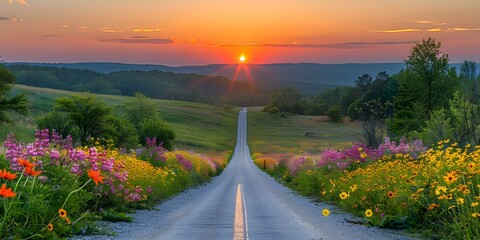 Wall Mural - Country Road Lined with Wildflowers Leading to Sunset. Concept Nature Photography, Wildflowers, Sunset, Country Road, Landscape Photography