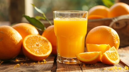 Aufkleber - Freshly squeezed orange juice in a glass, surrounded by whole and sliced oranges, on a breakfast table.