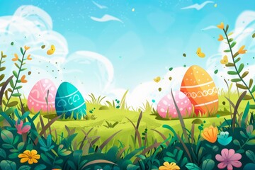 Wall Mural - Colorful decorated Easter eggs in a grassy field with flowers and butterflies. Cartoon-style digital illustration with a bright and cheerful atmosphere. Generative AI