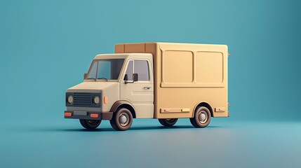 Minimalistic 3D illustration of a beige delivery truck against a blue background, showcasing a clean and modern design. 3D Illustration.