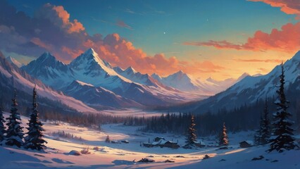 Wall Mural - Landscape colorful illustration of winter mountains