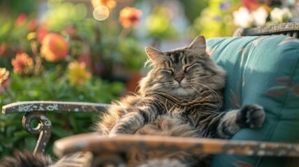 Aufkleber - Overweight cat lounging on a patio chair, with a gentle breeze ruffling its fur, in a picturesque garden setting with blooming flowers.