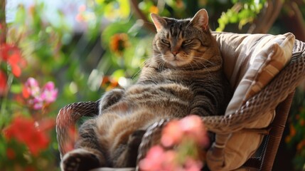 Aufkleber - Overweight cat lounging on a patio chair, with a gentle breeze ruffling its fur, in a picturesque garden setting with blooming flowers.