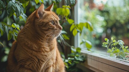 Poster - Overweight cat sitting by a window, gazing outside with a curious look, with greenery in the background, creating a serene and peaceful scene.