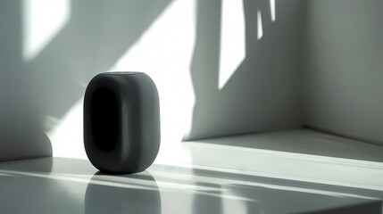 A small black vase sits on a table in front of a window