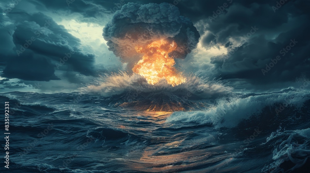 Thunder Wave Exploding Nuclear explosion with a massive shock wave and mushroom cloud over ...