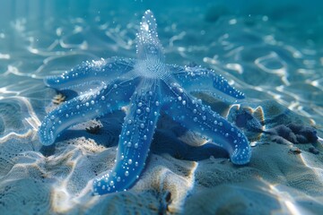 A vibrant blue starfish resting on the sandy bed of a sunlit shallow ocean