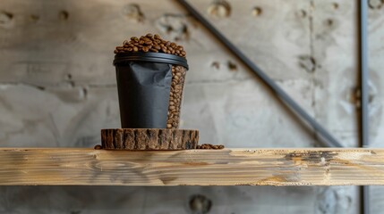 Coffee cup and beans on wooden shelf a morning ritual of comfort and warmth in a cozy home environment