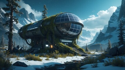 Wall Mural - Game art showing cyber technical layout of buildings constituting a research station on a very frosty planet, in the background you can see even apocalyptic mountains, which are covered by frozen snow