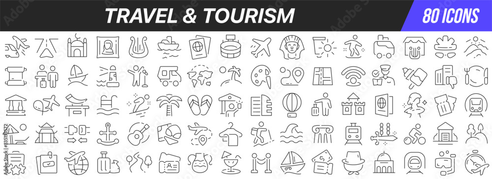 Travel and tourism line icons collection. Big UI icon set in a flat ...