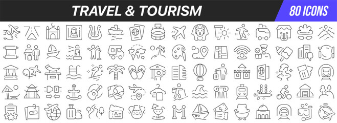 Travel and tourism line icons collection. Big UI icon set in a flat design. Thin outline icons pack. Vector illustration EPS10