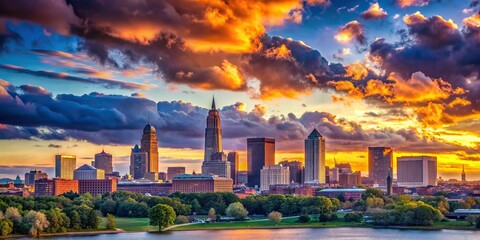 Cleveland, Ohio skyline silhouette against a colorful cloudy sky , Cleveland, Ohio, skyline, colorful, cloudy, sky, urban, cityscape, buildings, architecture, dusk, evening, vibrant