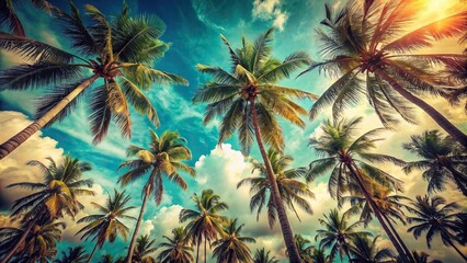 Vintage style photo of blue sky and palm trees seen from below on a tropical beach background, summer, travel, palm trees, vintage, blue sky, beach, paradise, relaxation, vacation, resort